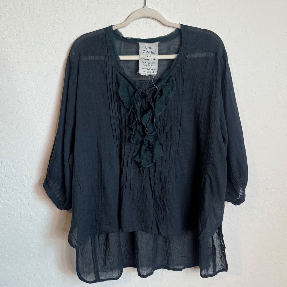FP ONE Free People Black Gauze Ruffle Pintuck Victorian Blouse Top M/L